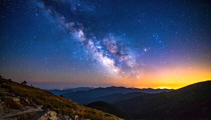 Starry Night Sky Over Mountain Ridges with Milky Way