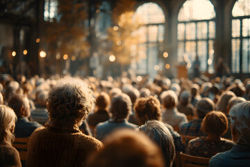 town hall meeting with citizens engaging in discussions democratic process of dialogue. community involvement, open and inviting space, people sitting with their backs towards camera, no faces seen