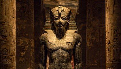 Ancient Egyptian statue of a pharaoh, standing majestically within a temple's shadowed columns.
