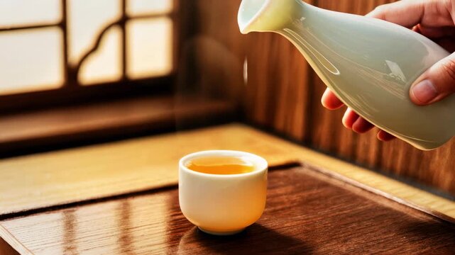 Close-Up of Yellowish Beverage Served from Ceramic Jug Indoors