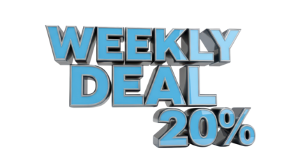 3D Render 'WEEKLY DEAL 20%' Isolated Blue and Silver Metallic Promotion Text