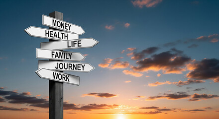 Signpost with arrows pointing to different aspects of life, such as money, health, life, family, journey, and work at sunset