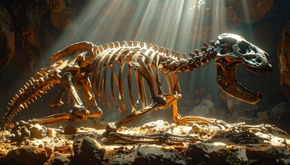 A dinosaur skeleton, dramatically lit, rests on rocks within a cavern.