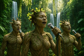 Fototapeta premium Rainforest Amphitheater with Singing Anthropomorphic Tree People and Crystal Microphones
