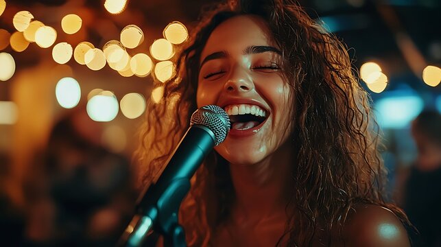 Young woman singing into microphone with blurry festive lights in background - Powered by Adobe