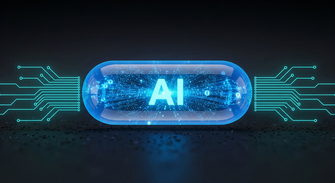 Artificial intelligence capsule with glowing ai text inside and circuit board connections, representing the future of technology
