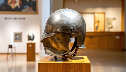 A medieval close helmet displayed on a wooden pedestal in a museum gallery.