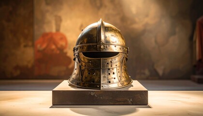 A gleaming medieval helmet displayed on a pedestal, showcasing historical armor.