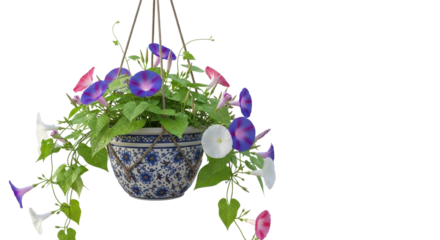 Colorful Morning Glory flowers growing in a decorative blue and white ceramic hanging pot isolated on white background