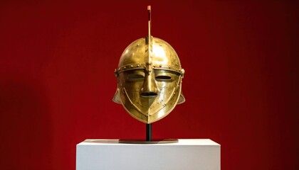 Golden helmet displayed on a white pedestal against a red background, showcasing ancient armor.