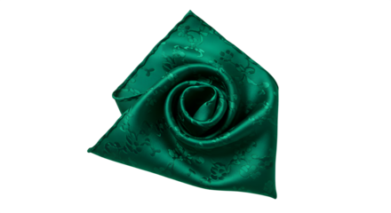 Green satin pocket square features floral brocade on black. Provides luxury texture for design, branding, fashion mockups.