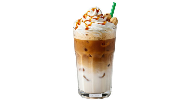Iced latte with whipped cream and caramel drizzle isolated PNG with Transparent Background