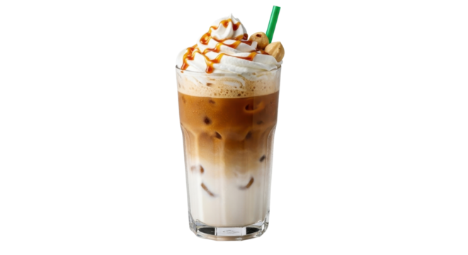 Iced latte with whipped cream and caramel drizzle isolated PNG with Transparent Background