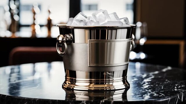 Silver Ice Bucket with Crystal Ice Cubes on Marble Table