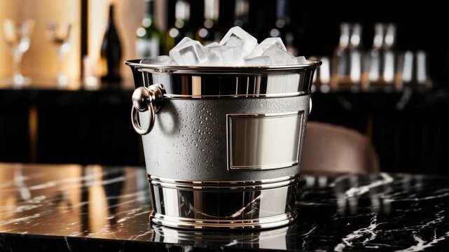 Luxury Static Shot of Reflective Ice Bucket with Clear Ice