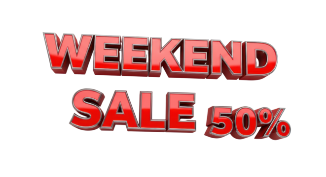 Red 3D Render Text "WEEKEND SALE 50%" Isolated on White Background
