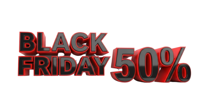 3D Black Friday 50% Sale Text, Isolated Graphic Render with Red and Black Font