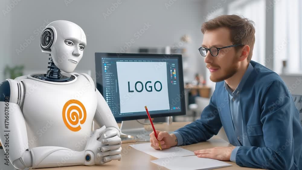 Poster white humanoid robot collaborates with young designer during logo design process. robot and human wo