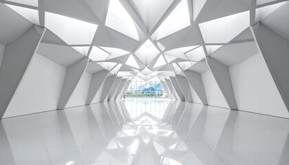 Modern architectural interior with geometric patterns, white walls, and a distant mountain view through a window.