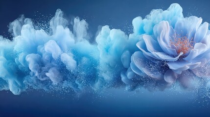 Mystical blue flower enveloped in whispering white smoke, a captivating floral portrait