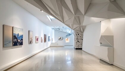 Modern art gallery hallway with abstract ceiling and displayed paintings.