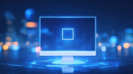 Glowing blue light illuminating computer screen in dark room, a captivating visual of modern technology
