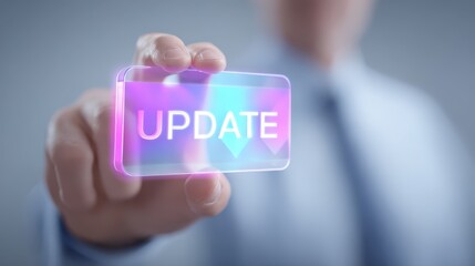 Man holding glass update button, a symbol of technological advancement and software refresh