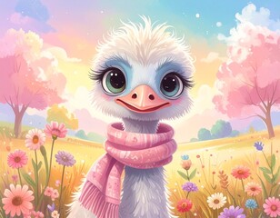 Obraz premium Funny ostrich with scarf standing in sunny meadow