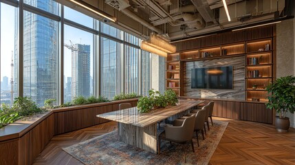A bright, modern conference room features a large marble table surrounded by comfortable chairs, bathed in natural light from expansive windows overlooking a cityscape, creating a productive