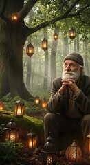 Fototapeta premium Thoughtful Old Man in Enchanting Forest.
