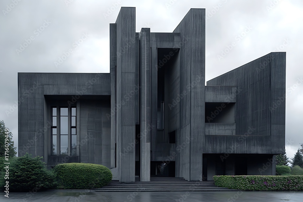 Poster dark, heavy brutalist architecture with stark, vertical lines and minimal windows, set against a clo