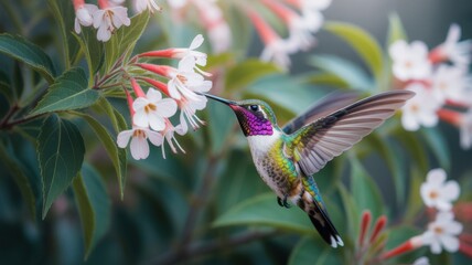 Obraz premium Hummingbird’s Nectar Feast: A dazzling hummingbird hovers gracefully near delicate blossoms, its iridescent feathers shimmering as it feeds on nectar.