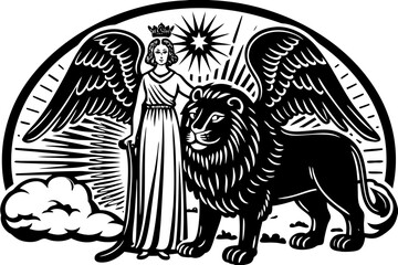 Fototapeta premium Black and White Angel with Lion Regal Illustration Art
