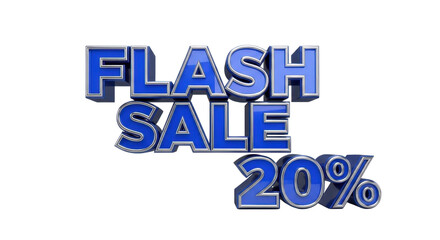 Isolated 3D Render Blue Metallic "FLASH SALE 20%" Text Graphic for Promotion