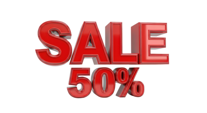 Isolated 3D render of bold red glossy 'SALE 50%' text on white background