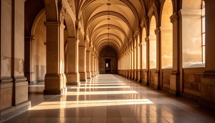 Long, arched hallway with columns and sunlight streaming through windows, creating a dramatic perspective.