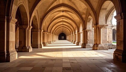 A long corridor with arched ceilings and pillars, bathed in sunlight, creating a sense of depth and architectural grandeur.