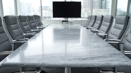 A long conference table with sleek black chairs dominates a modern, well-lit meeting room, suggesting a space for important discussions and strategic planning within a corporate environment.