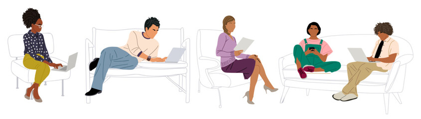Set of people sitting on sofas and armchairs using laptop, tablet, and phone. Flat vector illustrations of remote work, freelance, and modern lifestyle isolated on transparent background