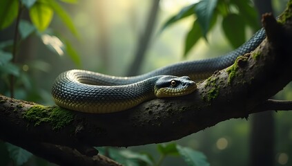 A beautiful green snake coiled on a mossy branch in a lush, tropical forest, a serene and detailed wildlife portrait.
