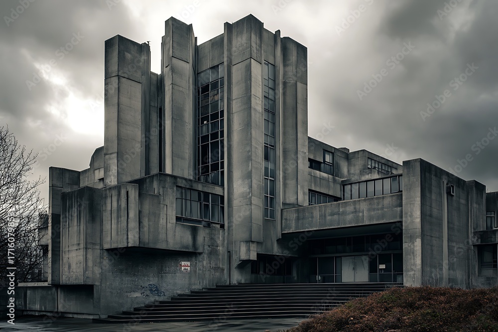 Poster dark, heavy brutalist architecture with stark, vertical lines and minimal windows, set against a clo