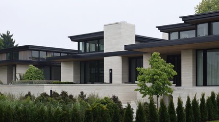 Fototapeta premium facade. Modern residential architecture with clean lines, bathed in neutral tones under daylight. real-estate listings.