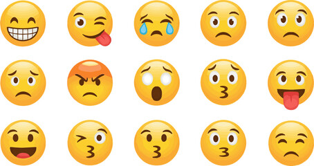 Create a Set of yellow emoji and emoticon faces in vector graphic format . This collection represents a variety of emotions and expressions, perfect for digital designs. vector art.
