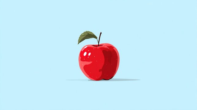 A vibrant red apple, whole and glossy, sits on a light teal background. A small green leaf rests atop its stem