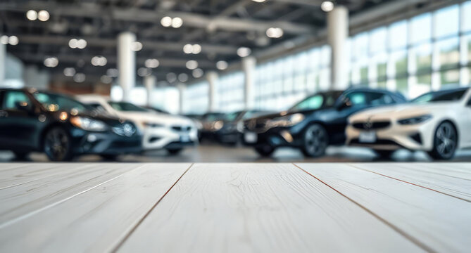 Empty wood table top with cars in showroom car dealership blurred defocused background for product display montage.