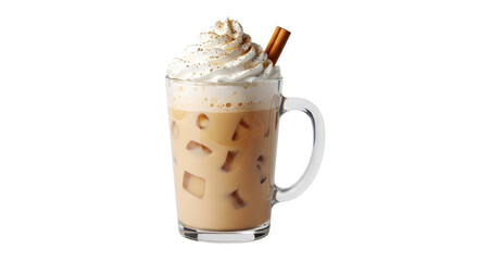 Iced latte with whipped cream and cinnamon stick isolated PNG with Transparent Background