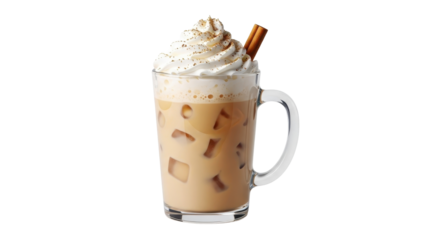 Iced latte with whipped cream and cinnamon stick isolated PNG with Transparent Background