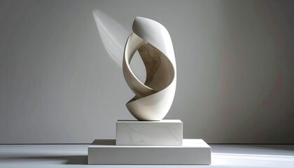 A sculpted, abstract, white form stands on a pedestal against a neutral backdrop.