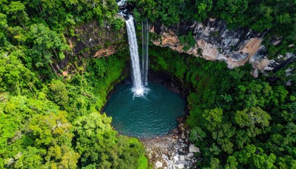 Aerial View of Tall Waterfall Cascading into Circular Pool Surrounded by Lush Green Vegetation in Daytime