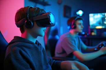 Engaging in virtual reality gaming at home with friends during the evening